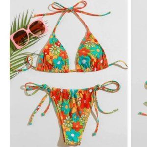 Floral Triangle Thong Bikini Swimsuit size Small NEW